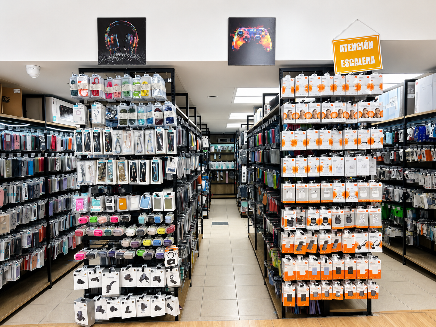 Pasillo de fundas y auriculares